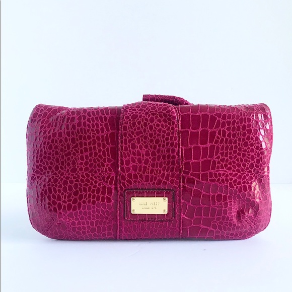 Nine West Handbags - Nine West Croc Embossed Pink Bow Large Clutch Bag